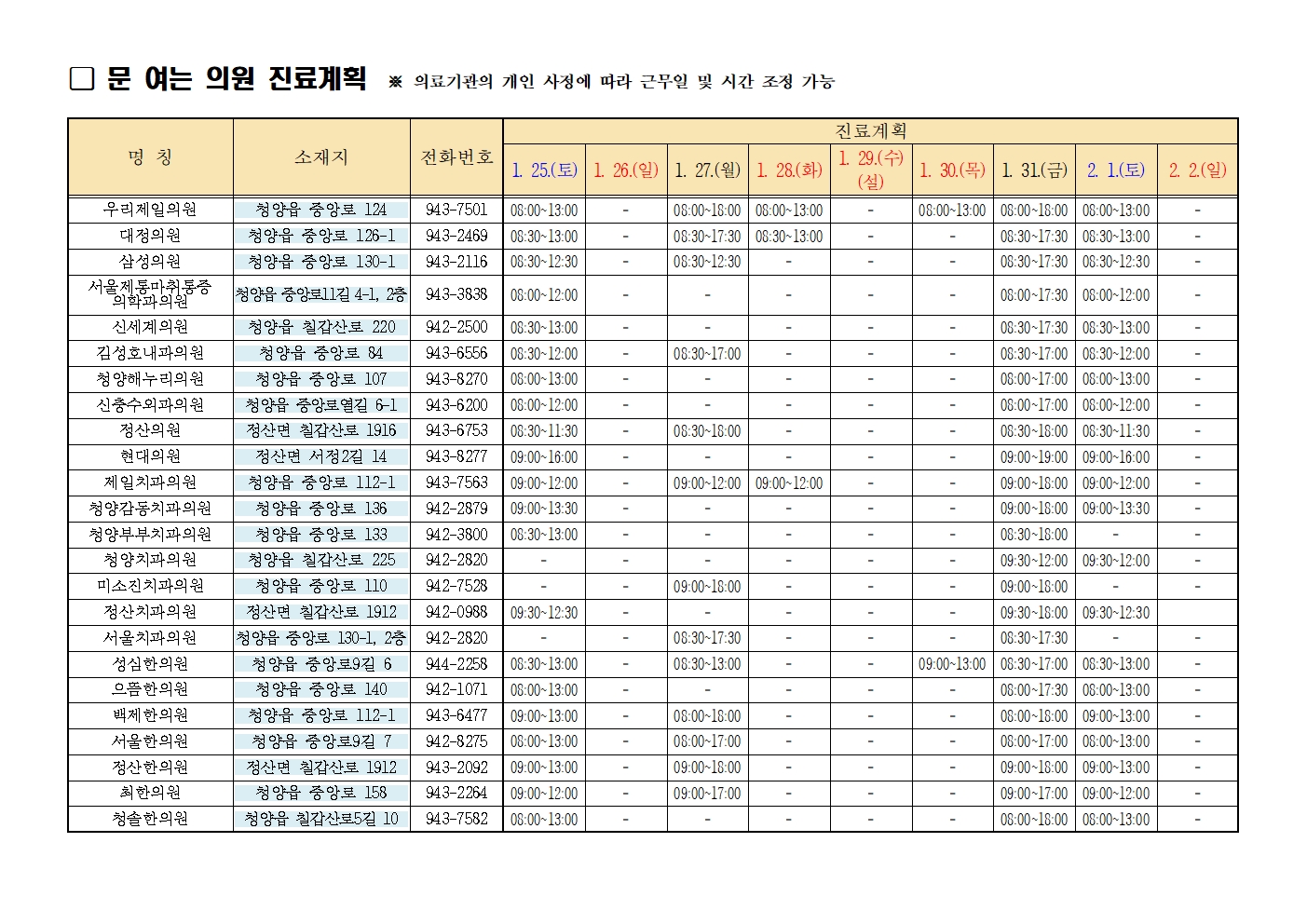 문 여는 의원 진료계획