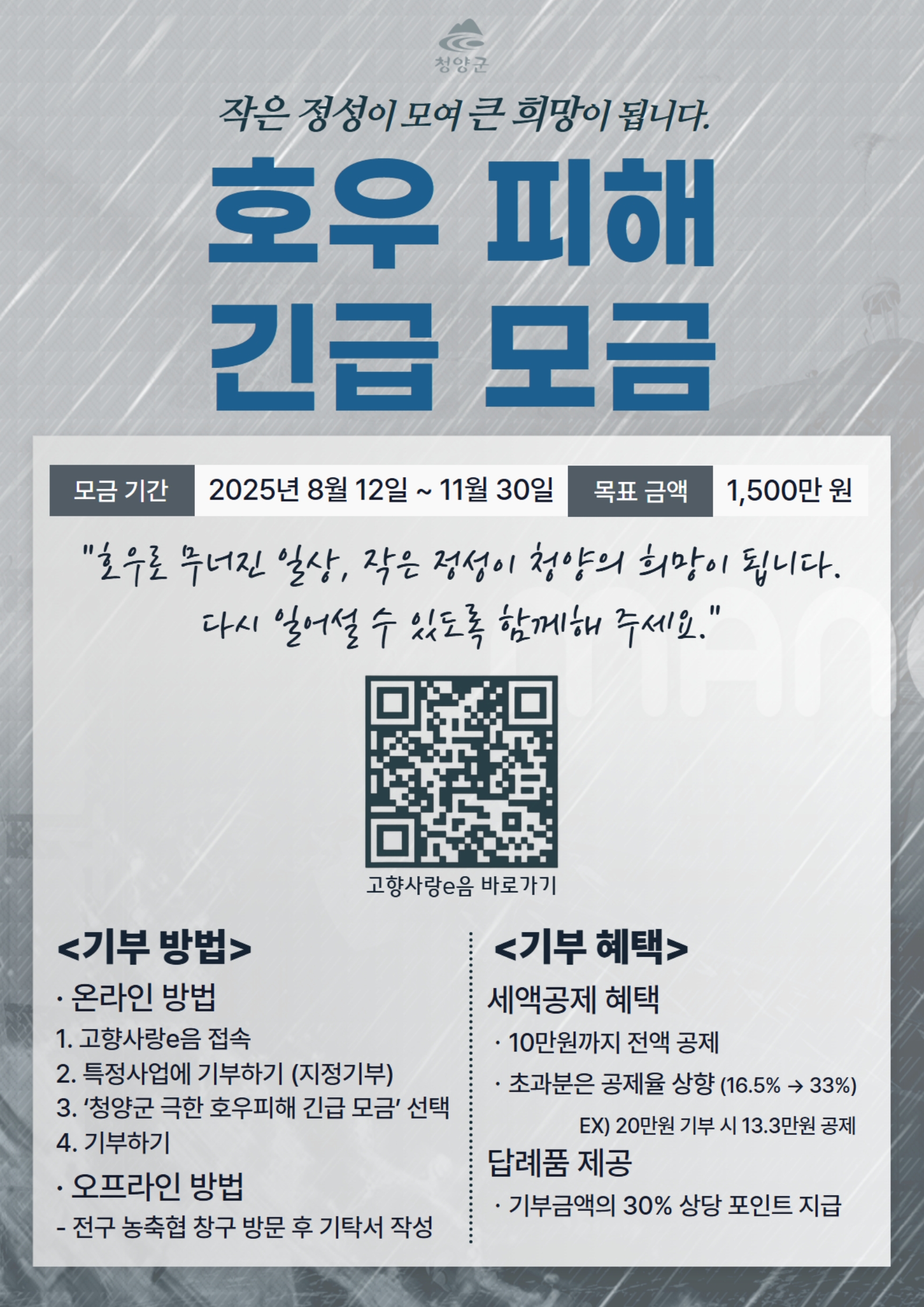 3. 청양군, 7월 호우피해 침수 가구 위해 고향사랑기부제 긴급 모금 실시