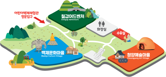 청양 어린이백제체험관 1층 조감도 - 입구, 철갑어드벤처, 화장실, 수유실, 청양예술마을, 백제문화마을